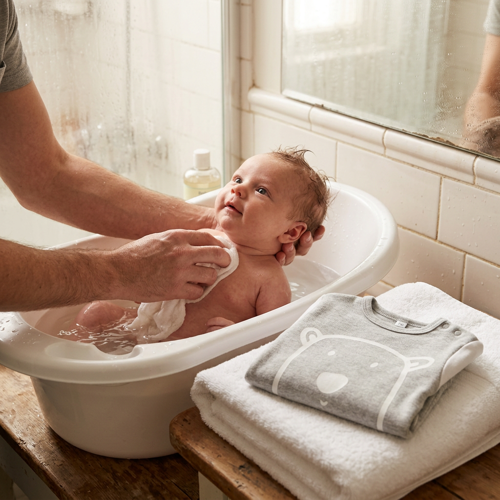 Parent bathing newborn in a baby tub — how to bathe a newborn guide