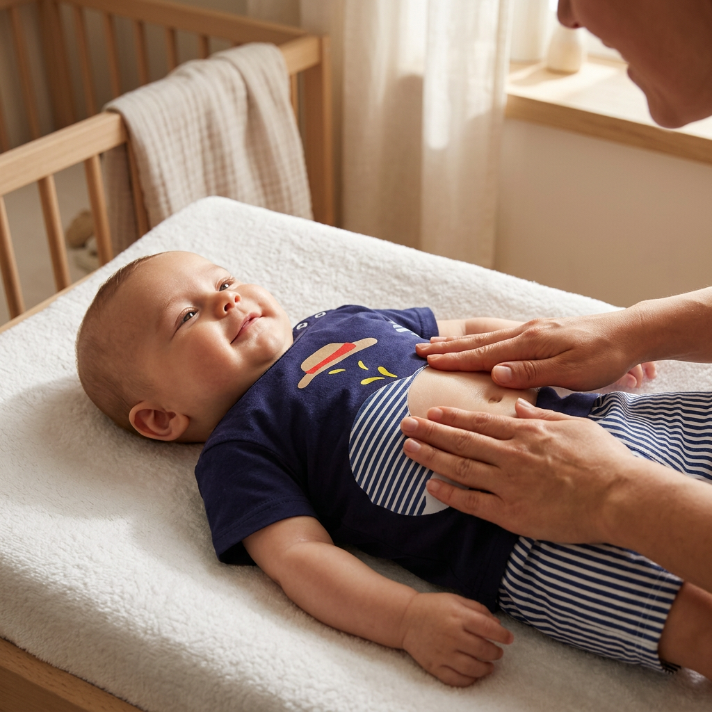 Parent giving tummy massage to baby in Mimou blue whale set — baby massage guide