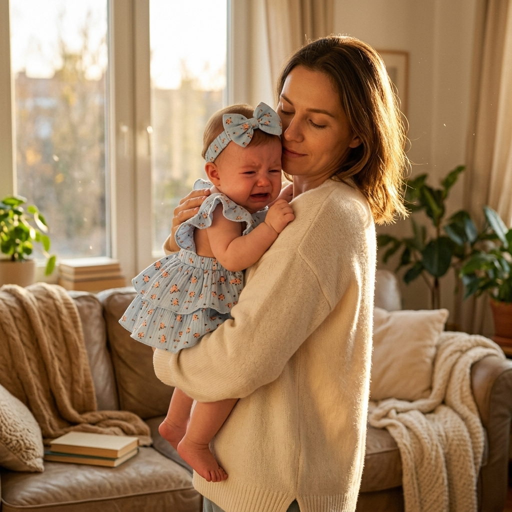 Parent soothing fussy baby in Mimou Peach Blossom Muslin Romper during the evening witching hour