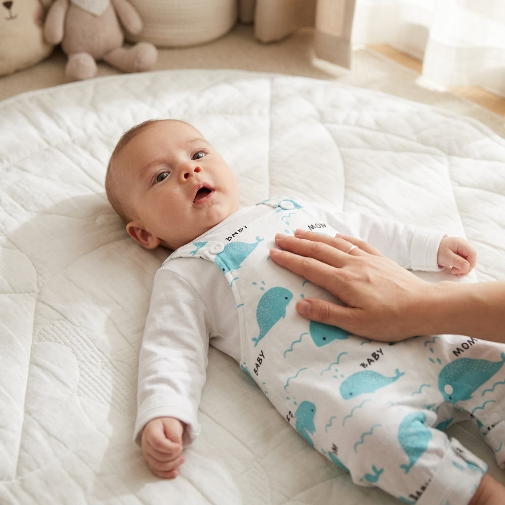 Baby in Mimou whale print romper with parent's reassuring hand — baby eczema care and skincare