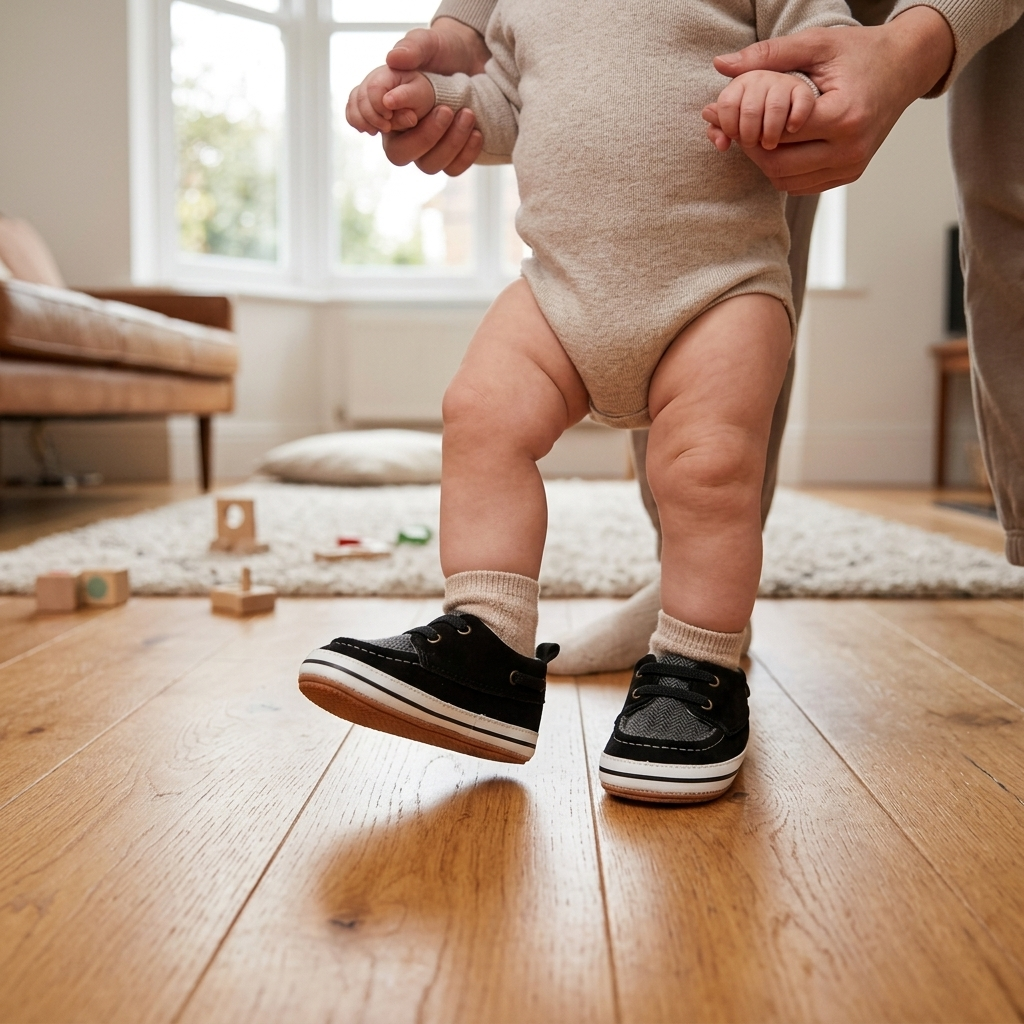 Baby taking first steps in Mimou Classic First Walker Shoes — best baby first walker shoes guide