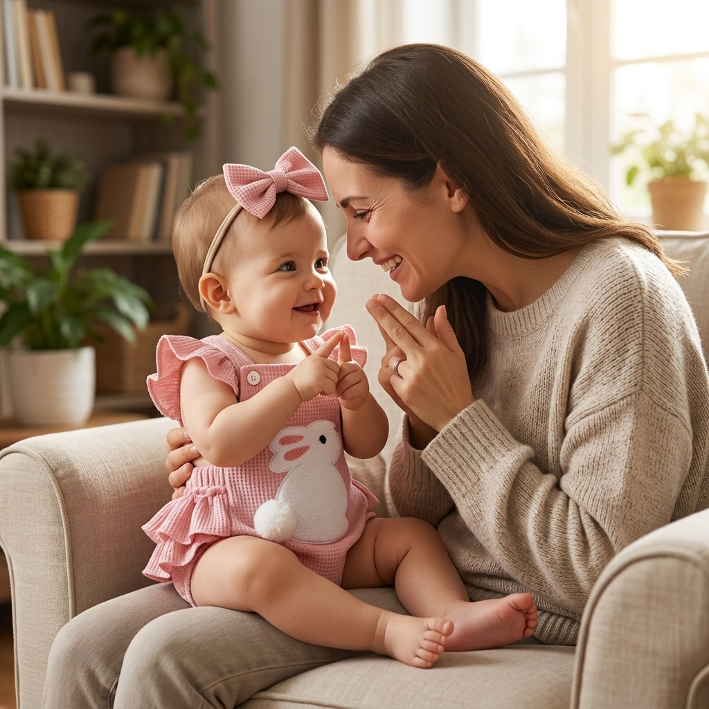 Baby girl in Mimou bunny romper making a hand sign to her parent — baby sign language guide