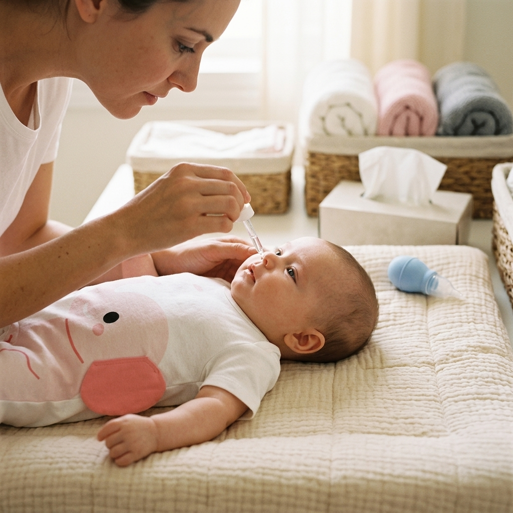 Parent using saline drops on a baby in Mimou pink elephant romper — baby congestion guide