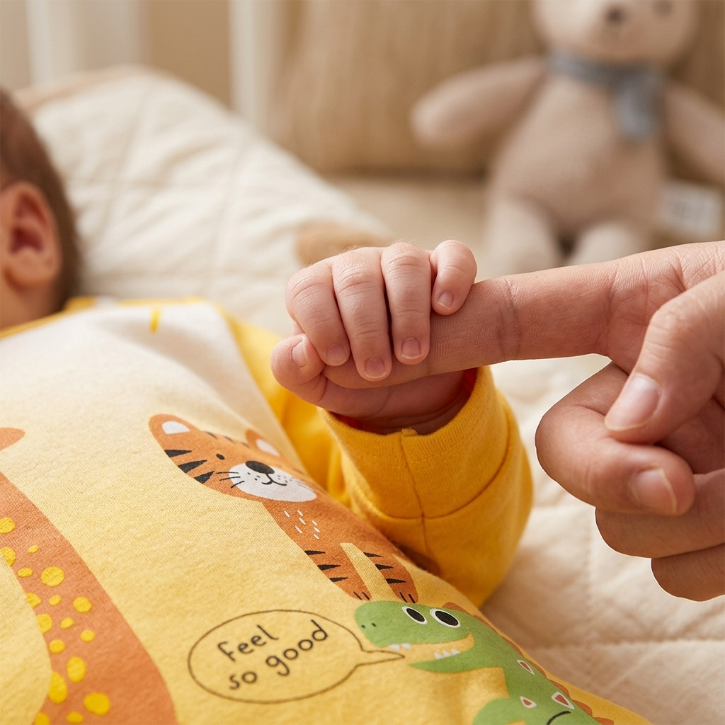 Newborn in Mimou safari romper gripping a parent's finger — newborn reflexes guide