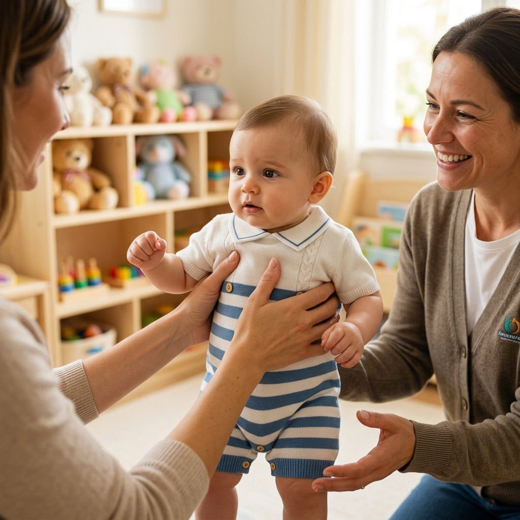 Parent handing a baby in a Mimou knit collar romper to a daycare carer — when do babies start daycare guide