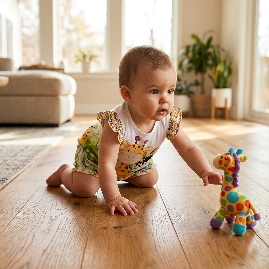 Baby in Mimou colorful jungle romper mid-crawl reaching for a toy — baby crawling stages guide