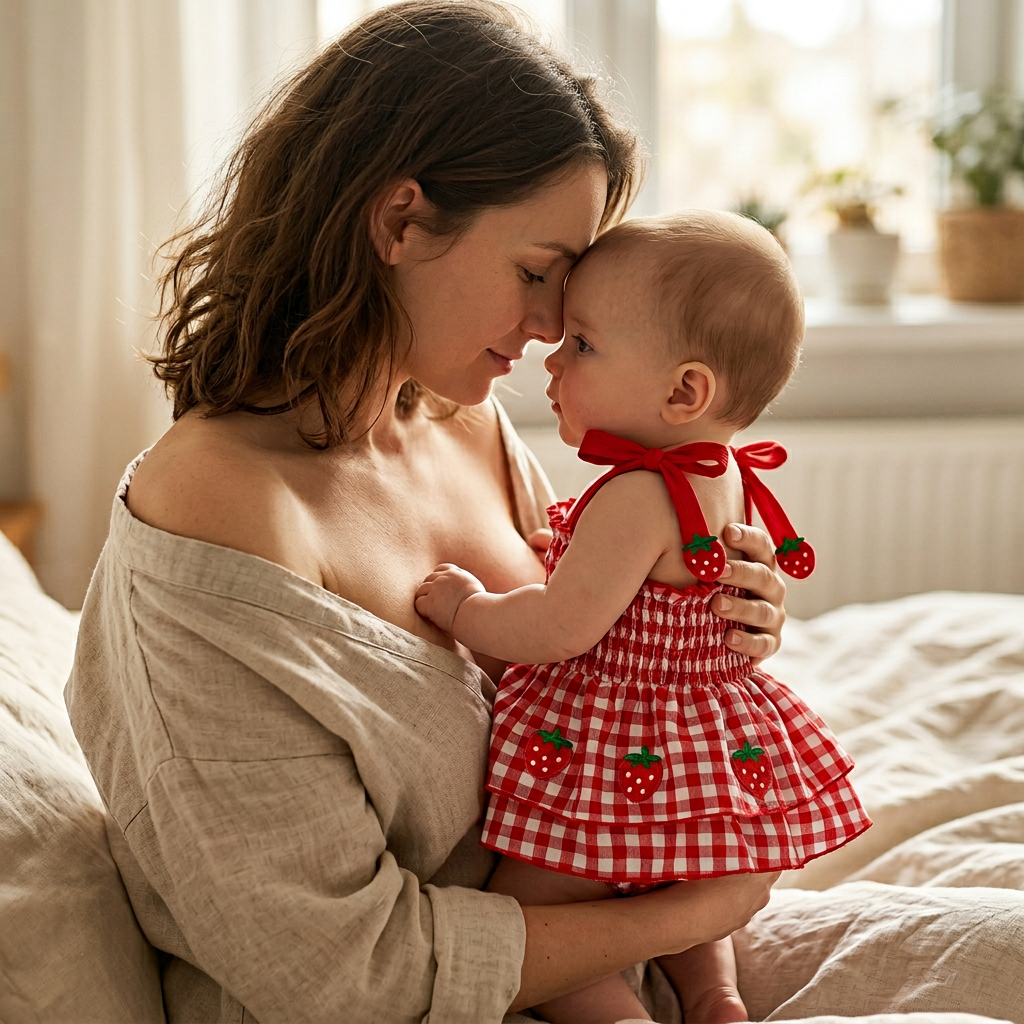 Parent and baby in Mimou strawberry gingham romper in skin-to-skin contact — baby bonding and attachment guide
