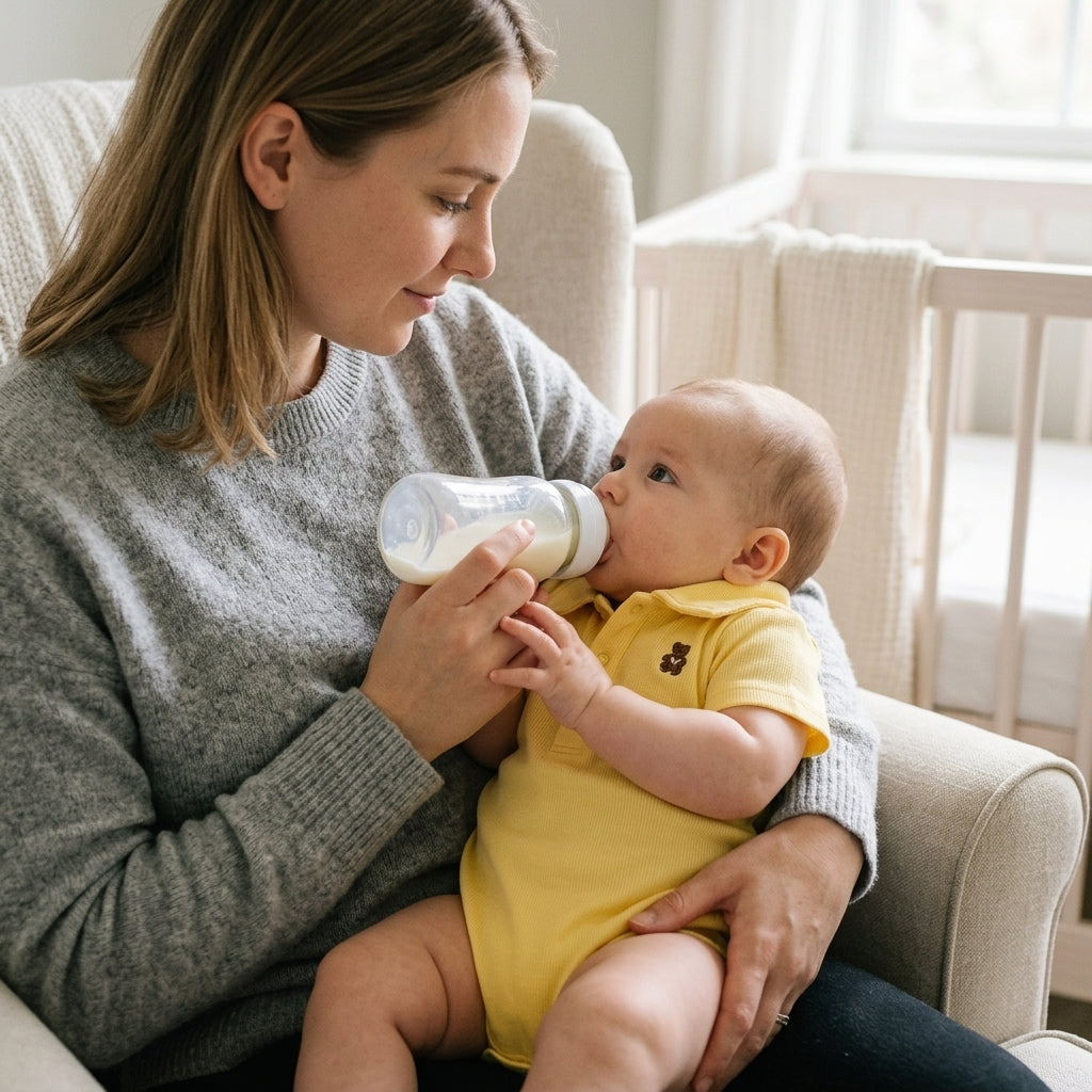 Parent bottle-feeding a baby in a Mimou baby polo romper — how to introduce a bottle to a breastfed baby guide