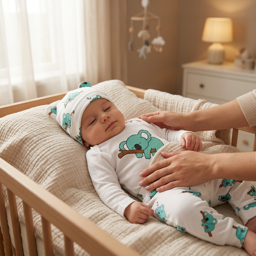 Drowsy baby in Mimou little koala set settled for a nap — baby wake windows by age guide