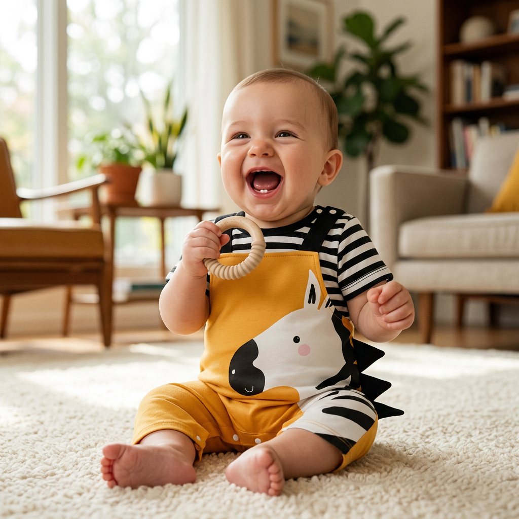 Baby in Mimou zebra print romper smiling to show first bottom teeth — baby teething order guide
