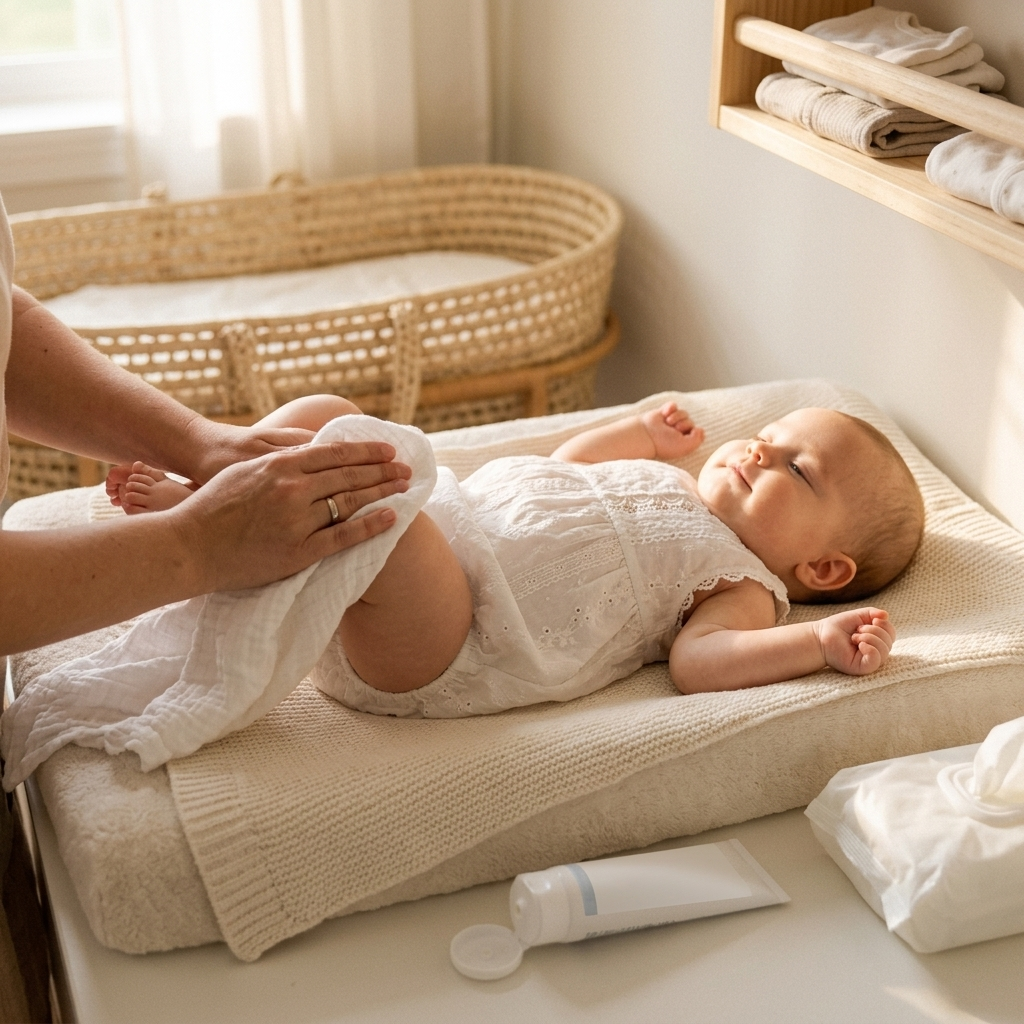 Parent patting a baby's skin dry on a changing mat, baby in Mimou white cotton romper — diaper rash guide