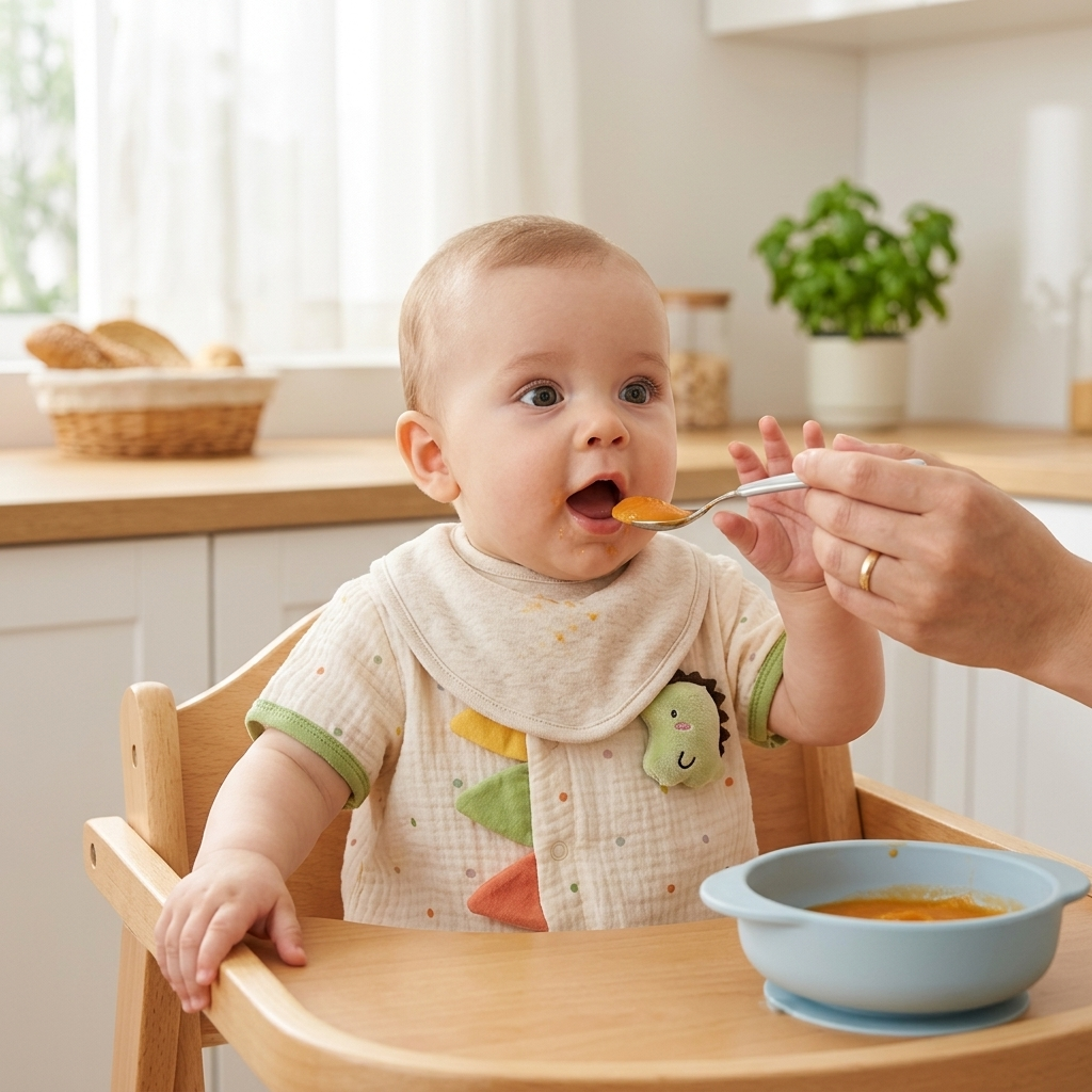 Baby in Mimou little dino muslin romper being offered first puree in a high chair — starting solids guide