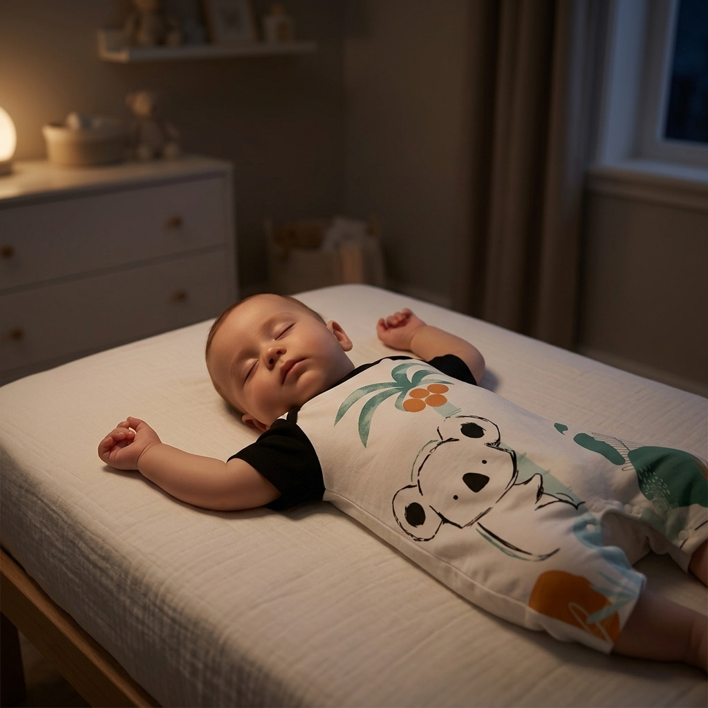 Baby sleeping peacefully on their back in a crib wearing a Mimou koala romper — how to get baby to sleep through the night guide