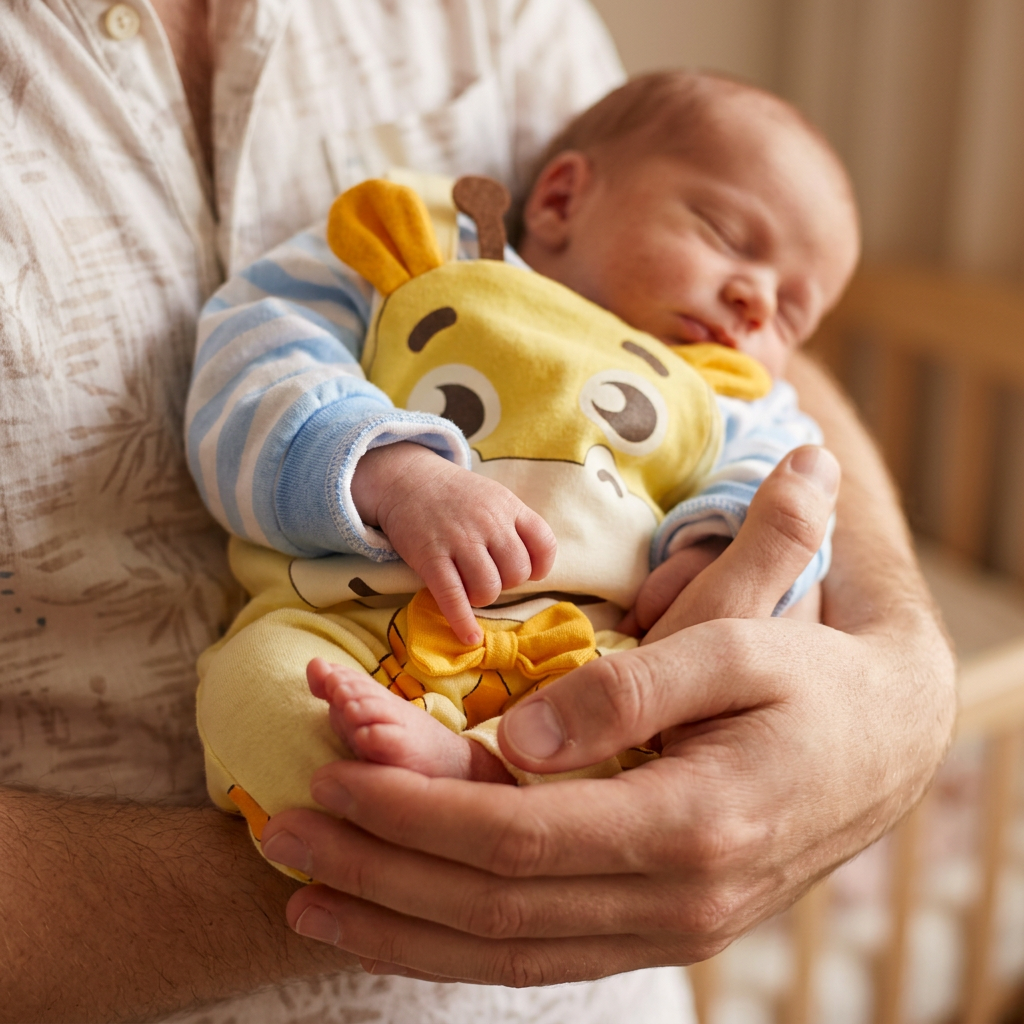 Tiny newborn in a soft Mimou cotton deer romper cradled in a parent's hands — premature baby clothes guide