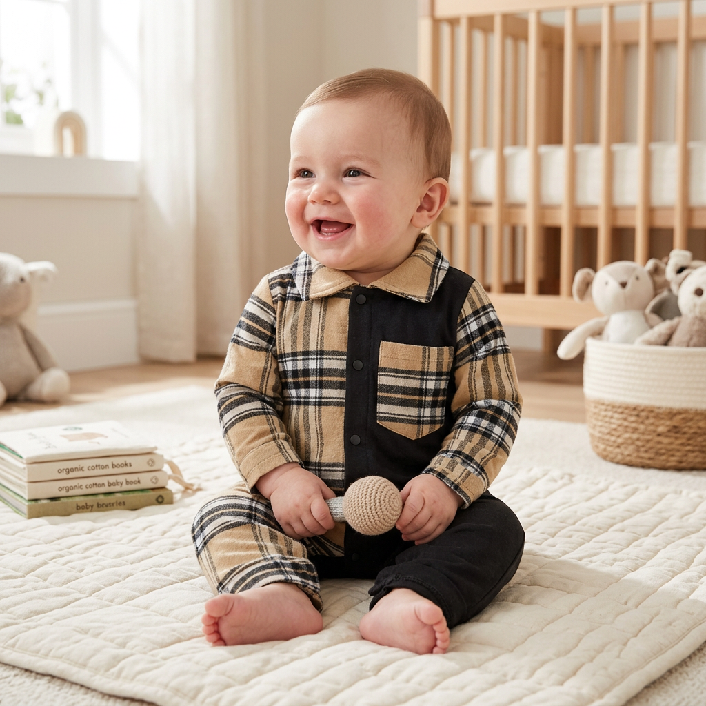 Baby in a well-fitting Mimou plaid collar romper — baby clothes size chart guide