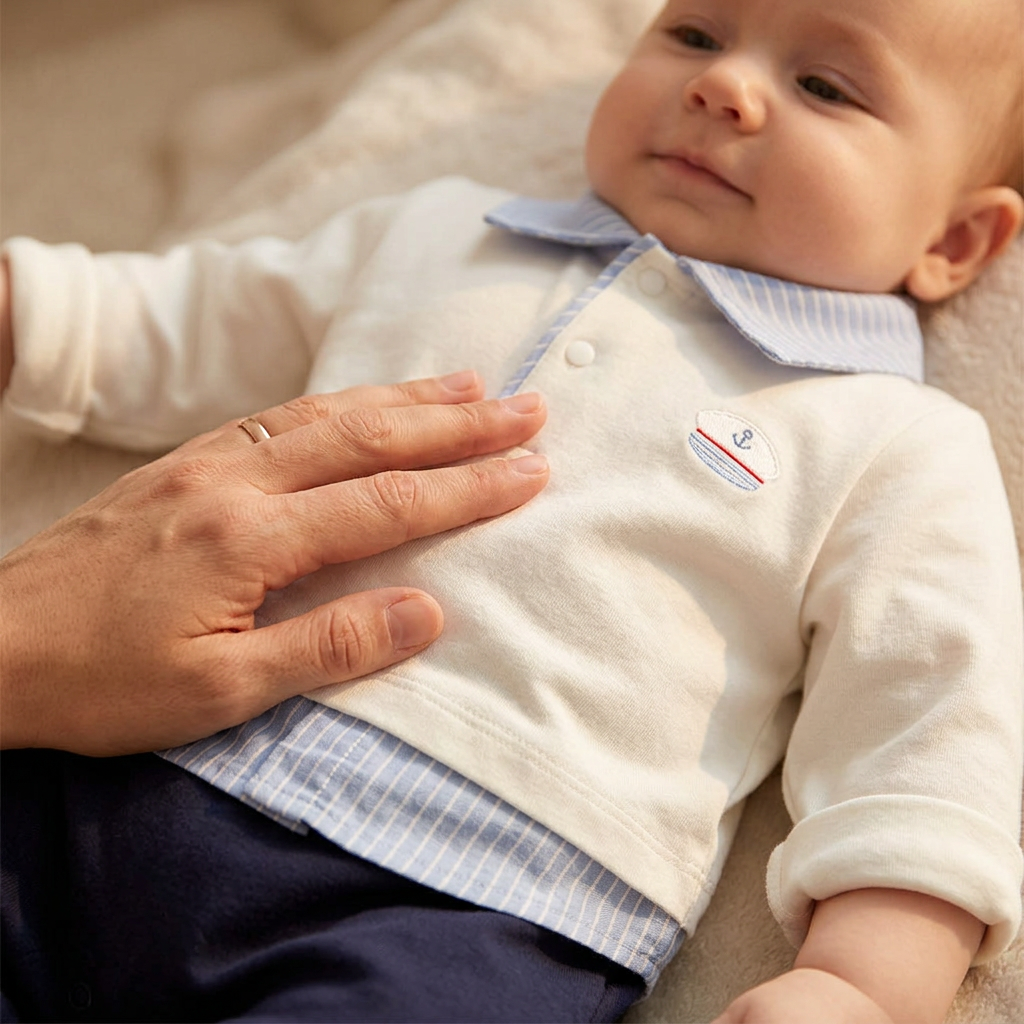 Parent's hand on the soft cotton of a Mimou baby polo romper — organic cotton baby clothes guide