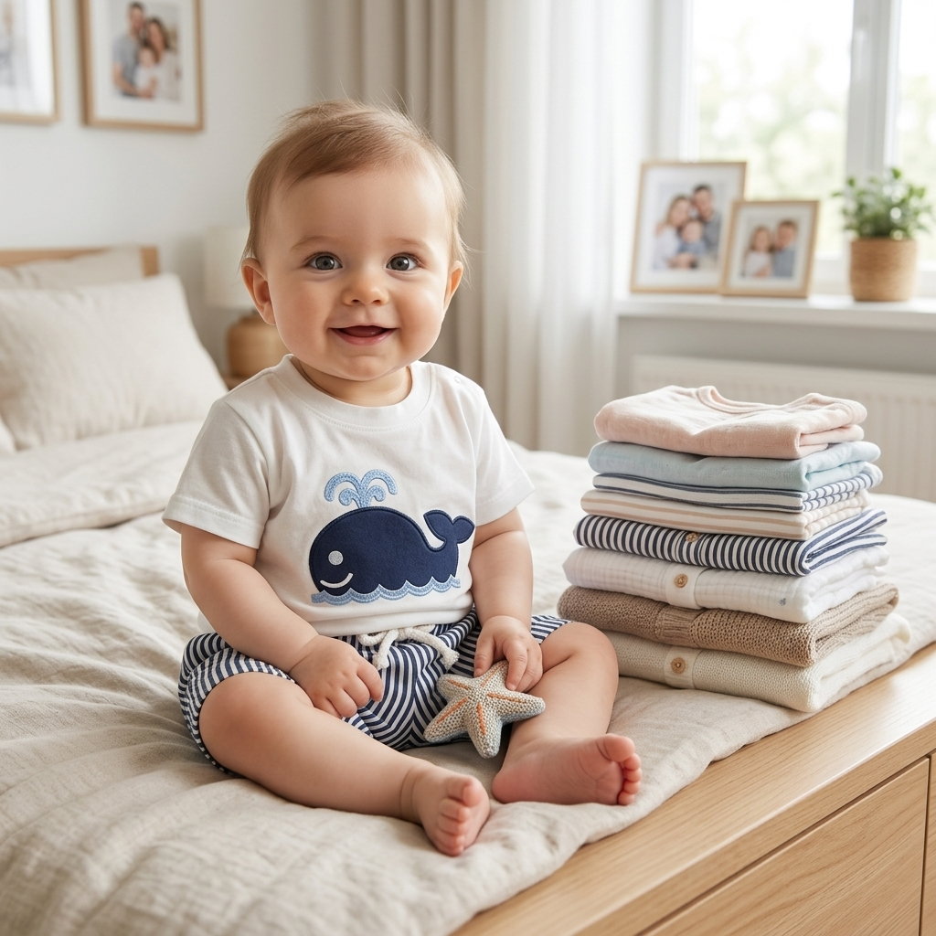 Baby in a Mimou cotton tee and shorts set beside folded baby clothes — newborn layette checklist guide