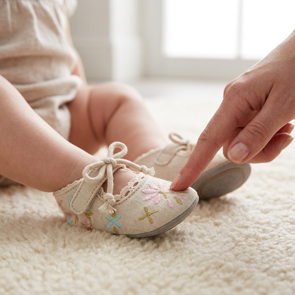 Parent checking the fit of a Mimou floral first walker shoe on a baby's foot — baby shoe sizes guide