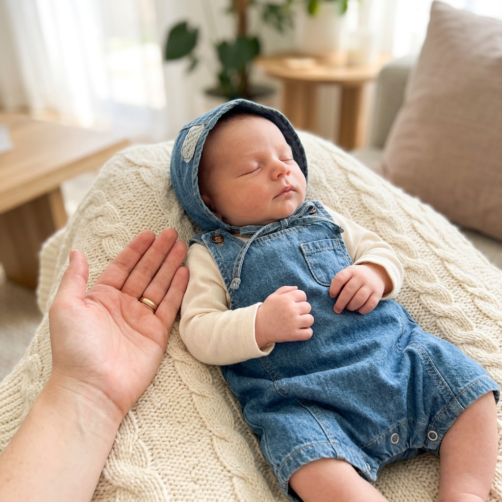 Newborn in a Mimou denim dungaree romper and bonnet — newborn coming home outfit guide