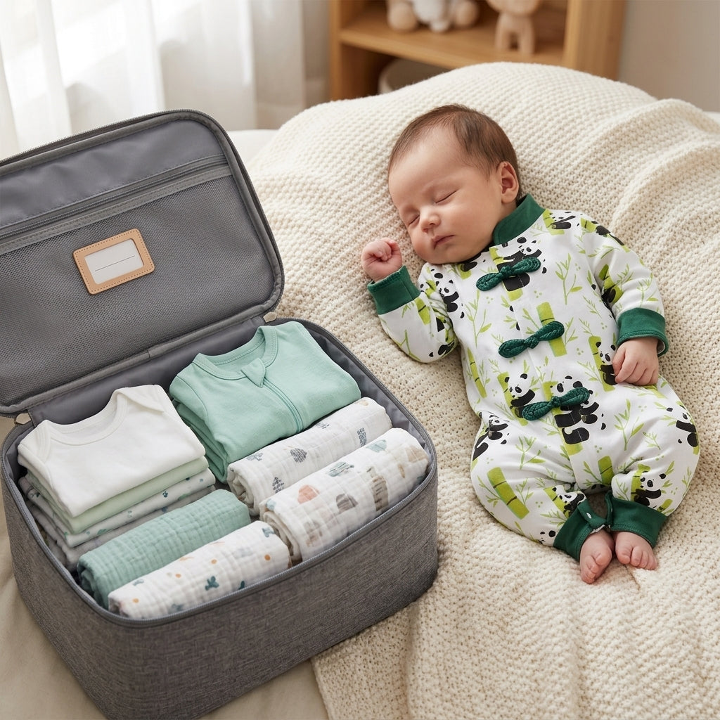 Newborn in a Mimou panda cotton suit beside a packed hospital bag — hospital bag baby checklist guide