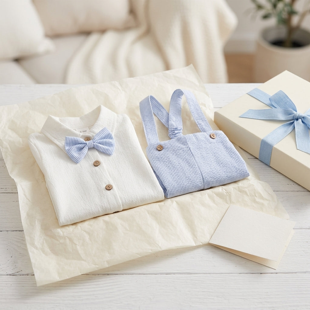 Mimou little gentleman baby outfit set presented as a baby shower gift with ribbon — best baby shower gifts guide