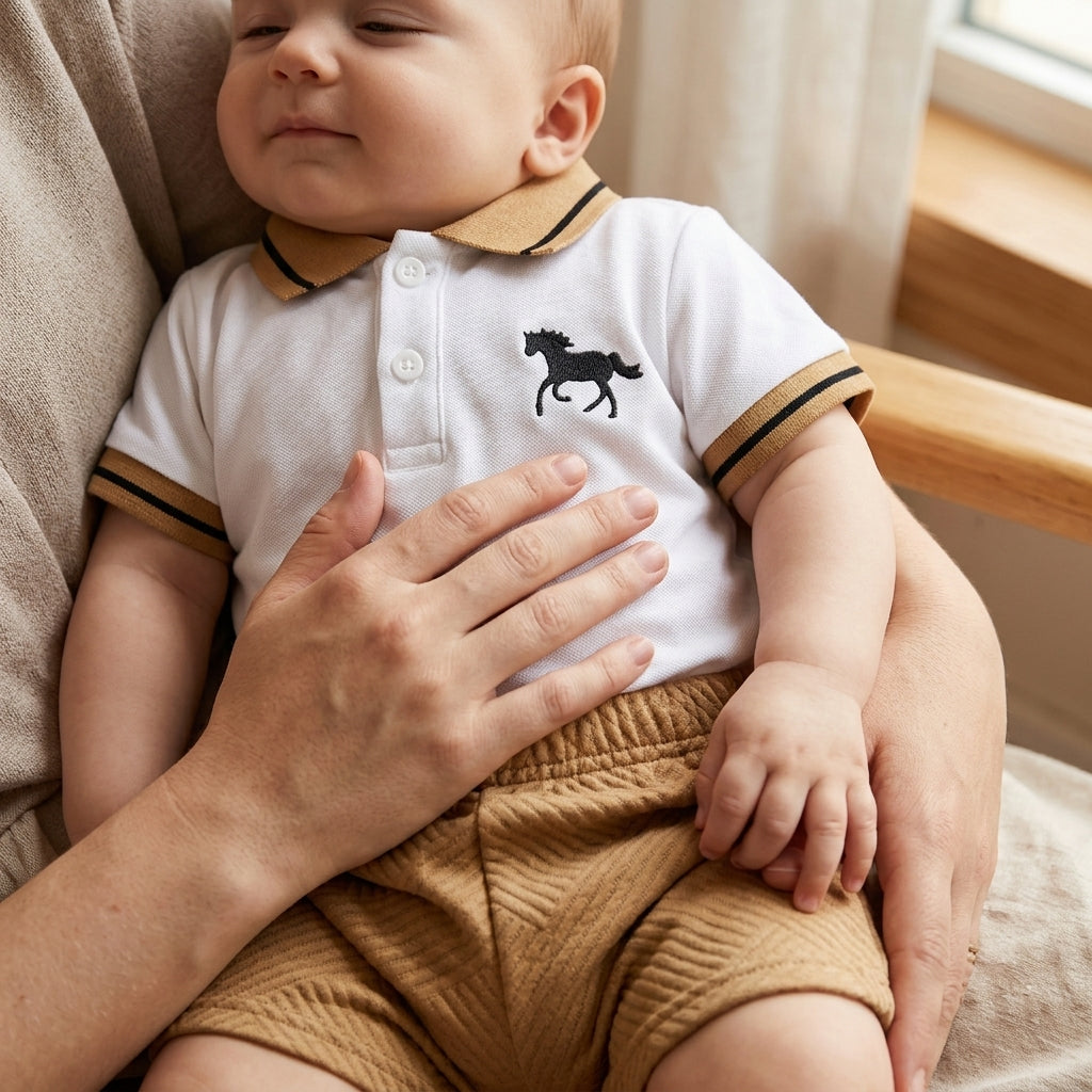 Parent's hand on the soft cotton of a Mimou polo set on a calm baby — clothes for sensitive skin and eczema guide
