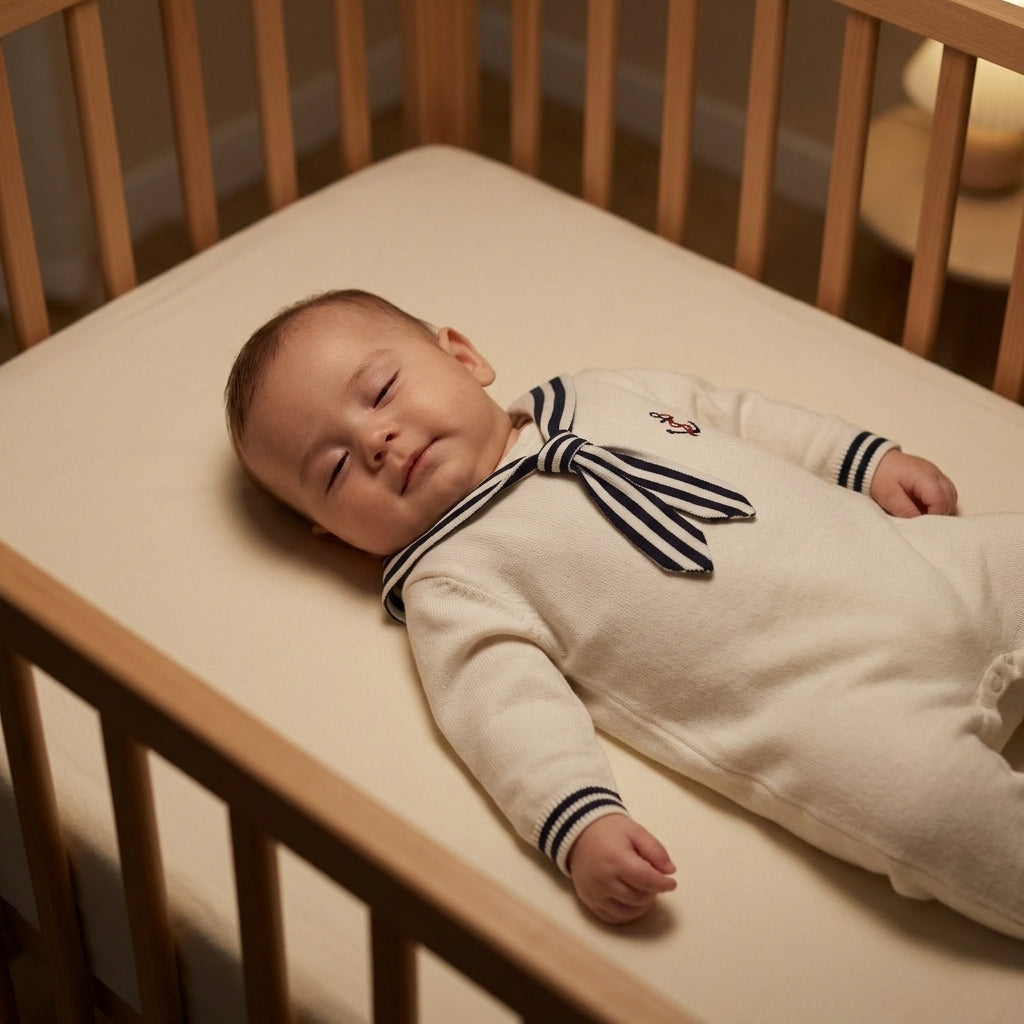Calm baby in a Mimou long sleeve knit cotton romper in a safe crib — what should baby wear to sleep guide