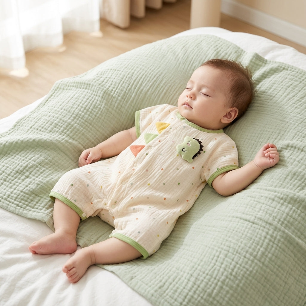 Baby in a lightweight Mimou muslin romper on a soft muslin blanket — muslin swaddle blankets buyer's guide
