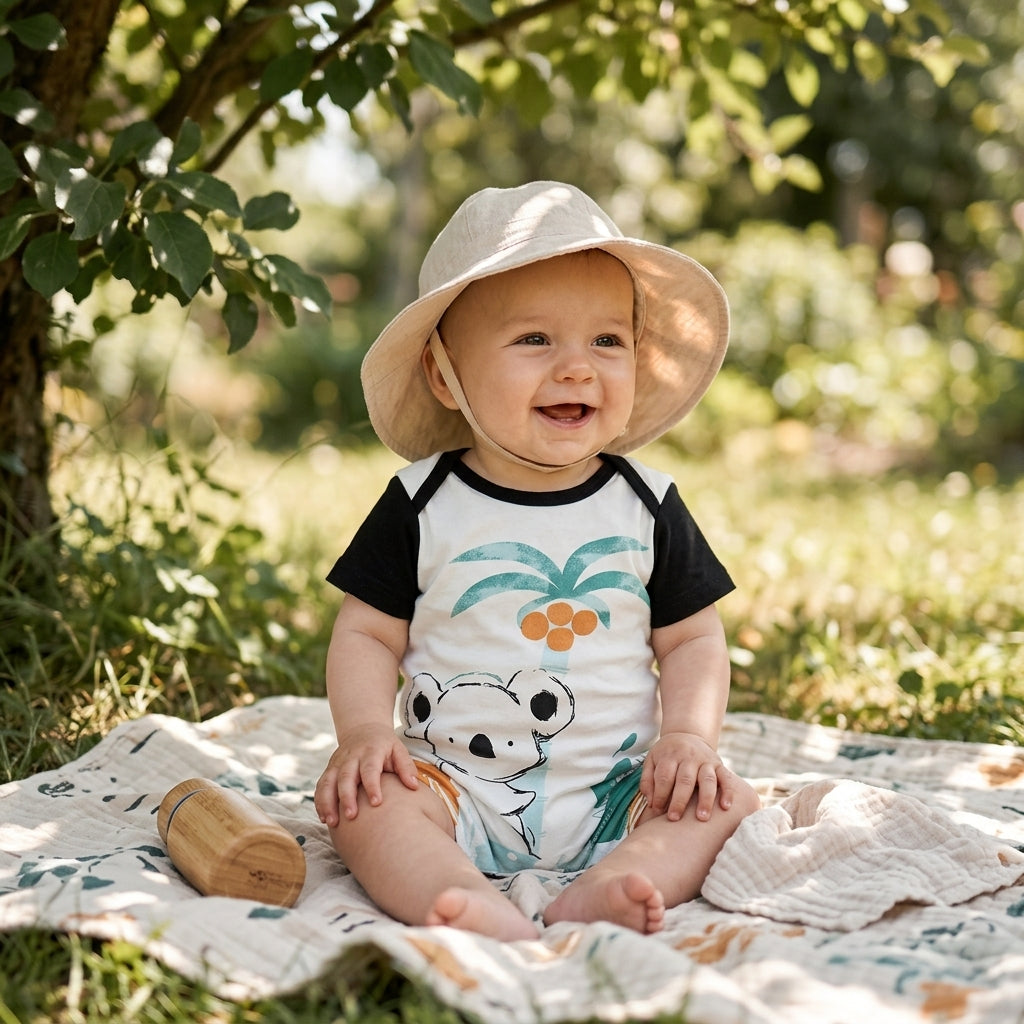 Baby in a lightweight Mimou cotton romper and sun hat in shade — how to dress a baby in summer guide