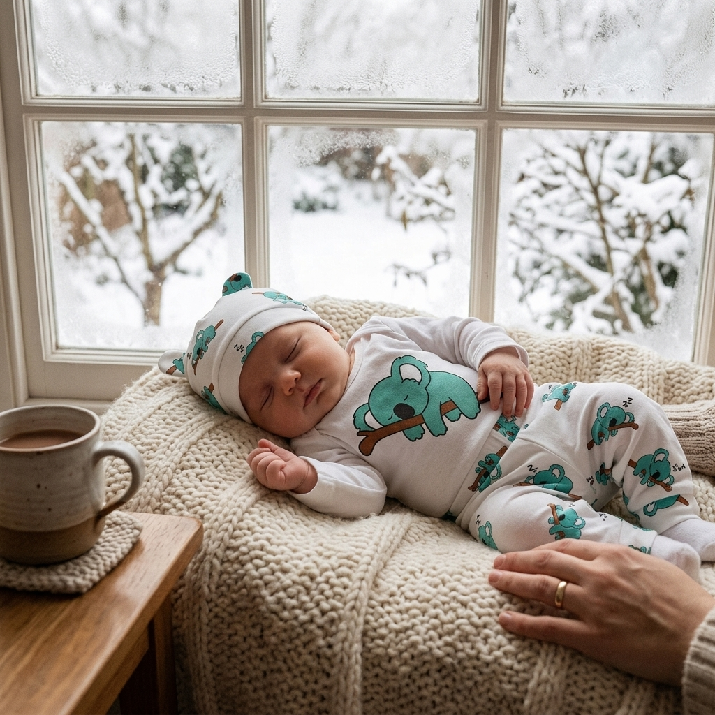 Cozy baby in a Mimou long sleeve koala set and hat warmly dressed in winter — how to dress a baby in winter guide