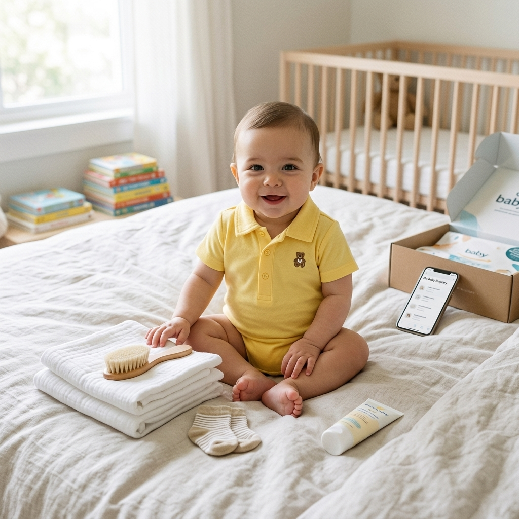 Baby in a Mimou cotton polo romper beside neatly arranged baby essentials — baby registry clothing checklist guide