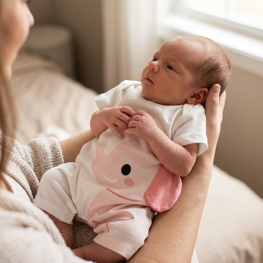 Tiny newborn in a slightly roomy Mimou pink elephant romper — newborn vs 0-3 months baby sizes guide