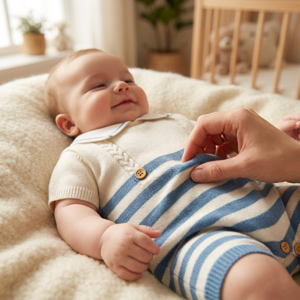 Parent feeling the soft knit fabric of a Mimou baby romper — best fabrics for baby clothes guide