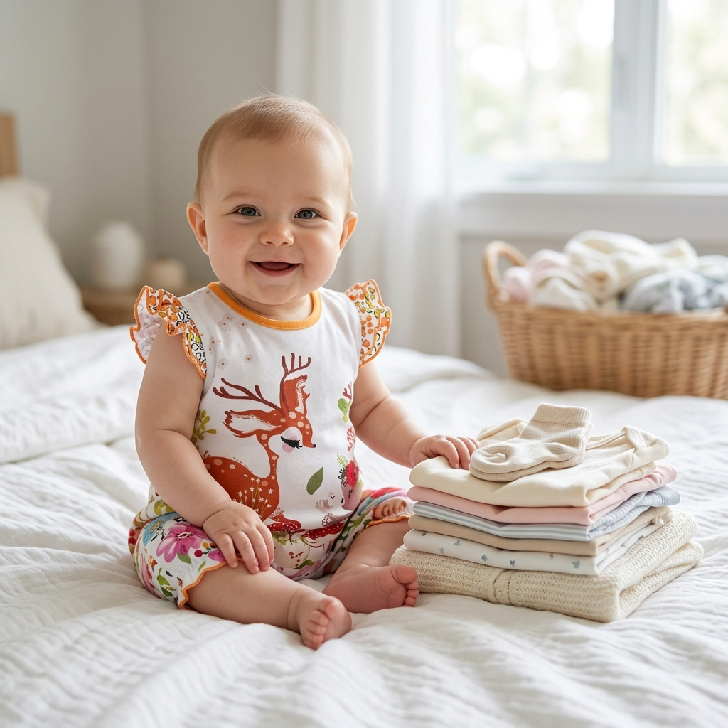 Baby in a Mimou romper beside a stack of folded baby basics — bodysuit vs sleepsuit vs romper guide