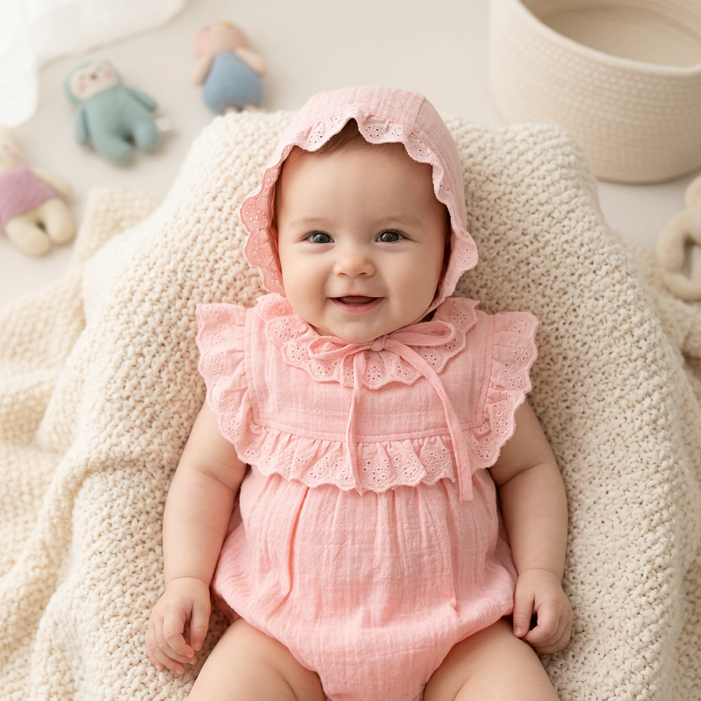Baby in a Mimou pink eyelet lace romper and bonnet posed for a photoshoot — baby photoshoot outfit guide