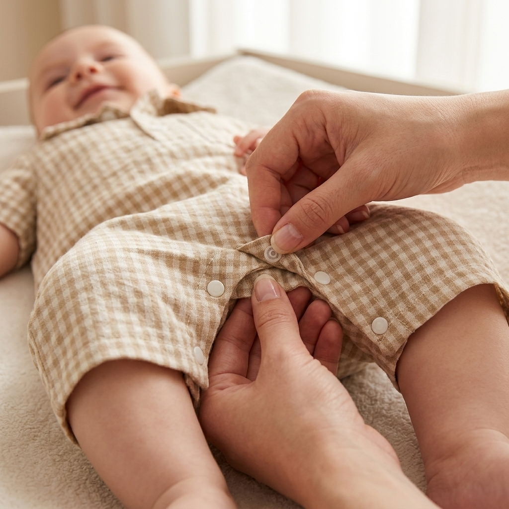 Parent fastening the secure snaps on a Mimou plaid polo baby romper — baby clothing safety guide