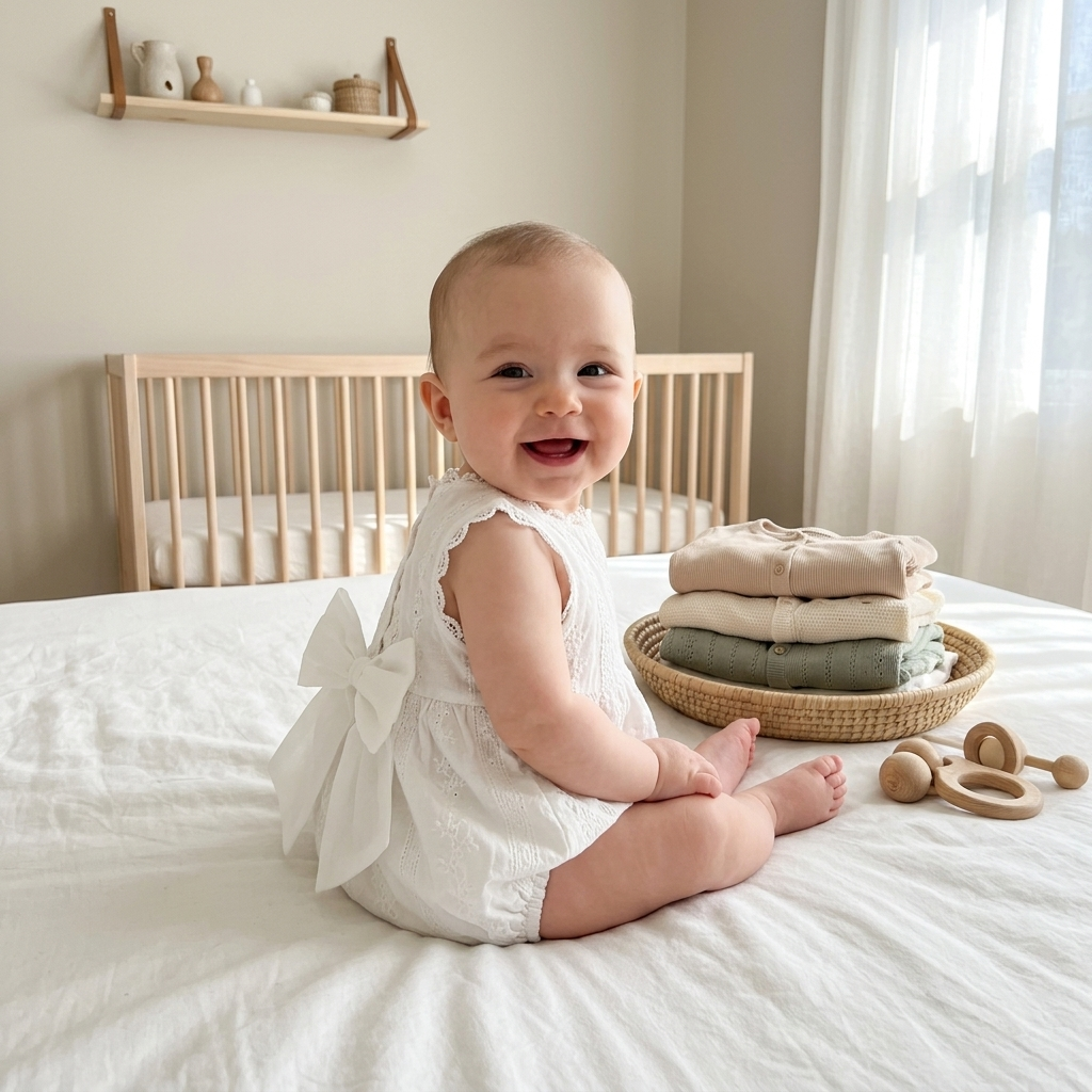 Baby in a white Mimou cotton romper beside a small neat capsule of folded baby clothes — baby capsule wardrobe guide