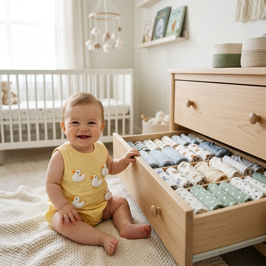 Baby in a Mimou little duck romper beside a drawer of neatly filed folded baby clothes — how to organise baby clothes guide