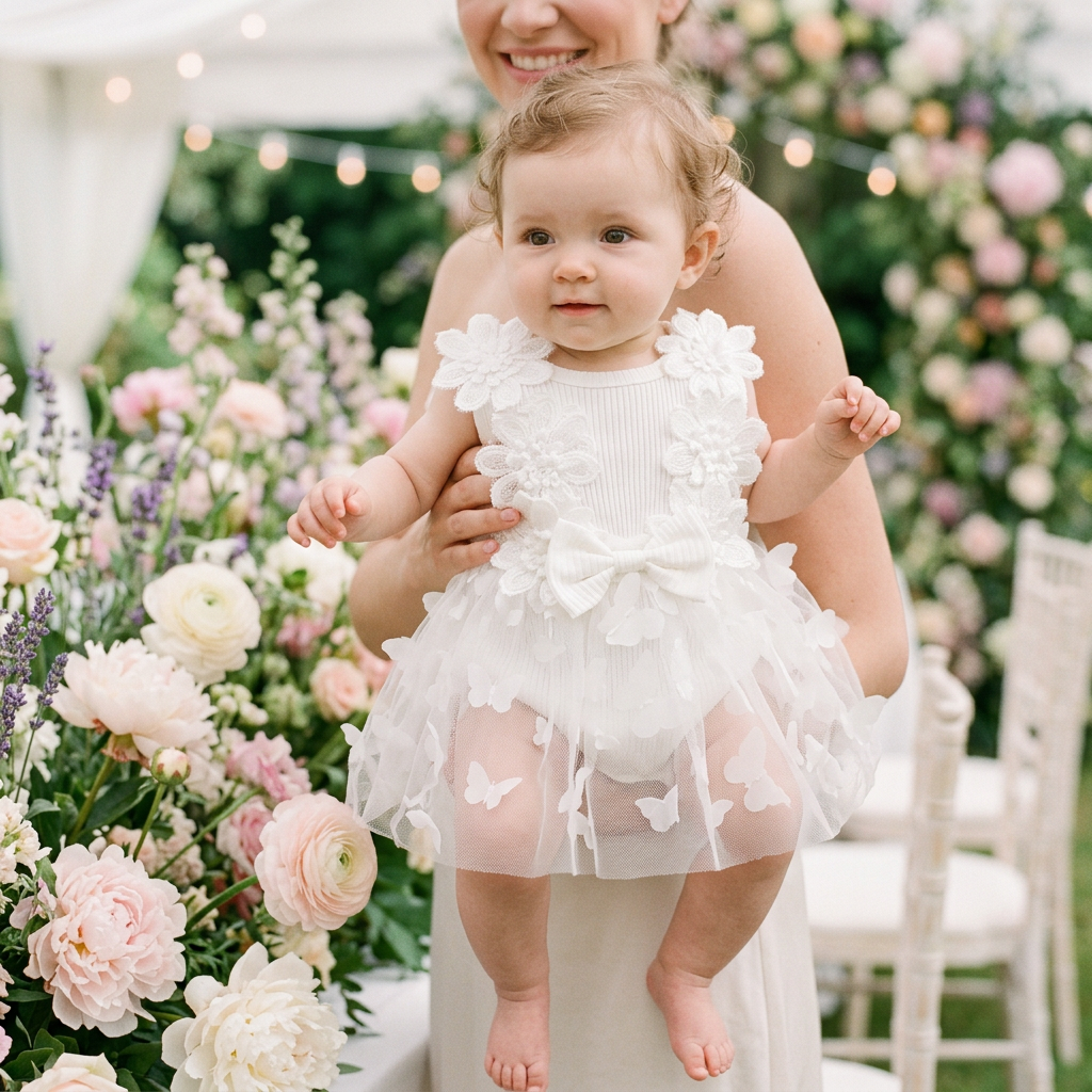 Baby girl in a Mimou white floral tulle special-occasion dress romper at a celebration — baby wedding outfit guide