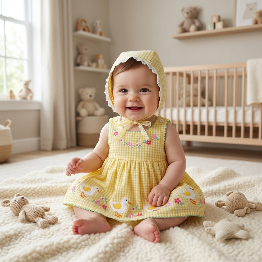 Baby in a roomy Mimou yellow gingham duck romper with room at the hips — cloth nappy friendly clothes guide