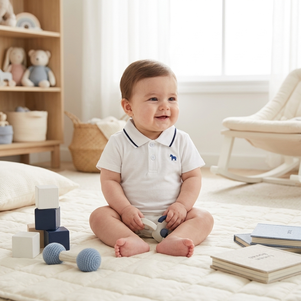 Baby in a Mimou embroidered horse polo romper in a bright nursery — how to dress twins guide