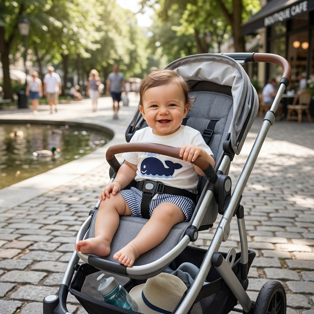 Baby in a Mimou cotton tee and striped shorts set out in a stroller on a bright day — what to dress baby for a day out guide