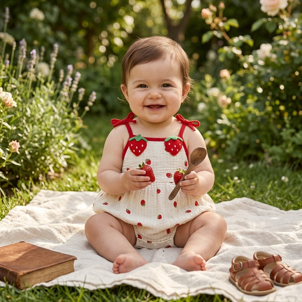 Baby in a Mimou strawberry muslin romper in a sunny summer garden — baby clothes by season planning guide