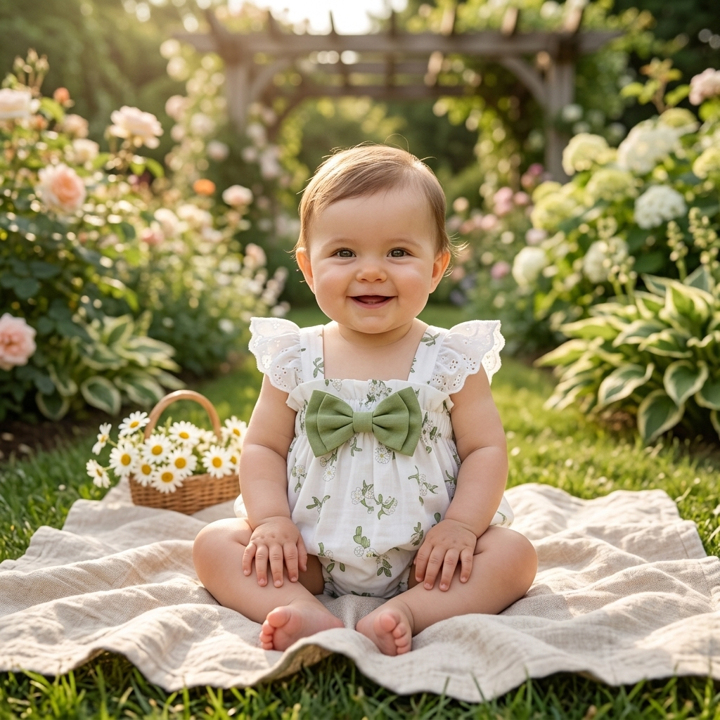 Baby in the Mimou White Botanical Eyelet Romper in a sunny summer garden — baby summer essentials shopping guide
