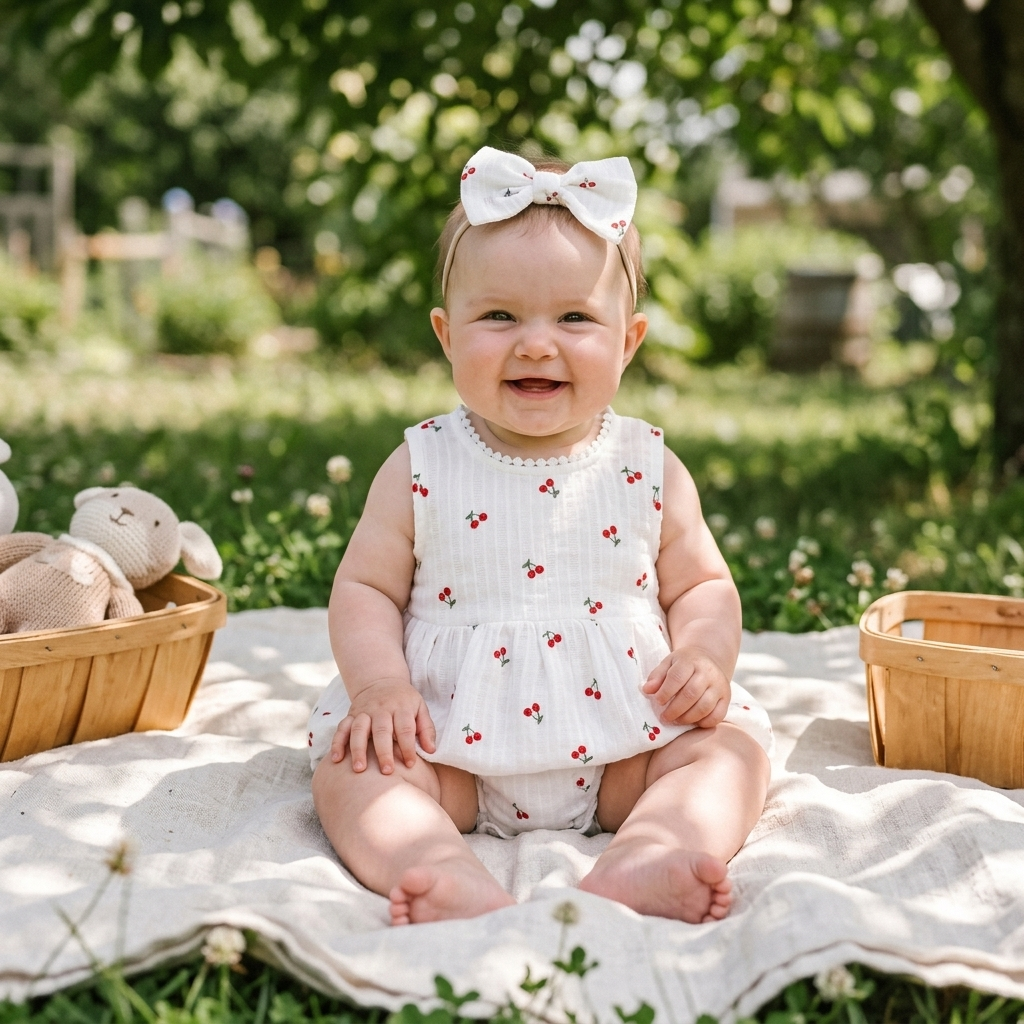 Baby in the Mimou Cherry Print Muslin Romper Dress in dappled summer shade — muslin baby clothes edit