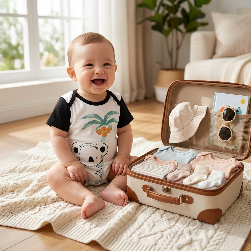 Baby in the Mimou Koala &amp; Coconut Palm Romper beside a suitcase packed with baby clothes — baby holiday packing list