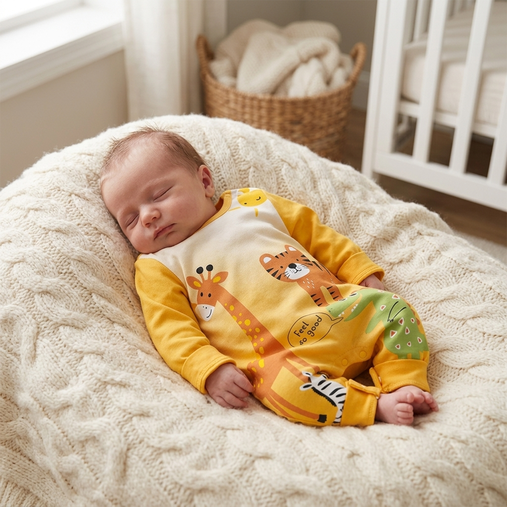 Small newborn baby in a soft Mimou long-sleeve safari romper resting at home — when will a preemie fit newborn clothes