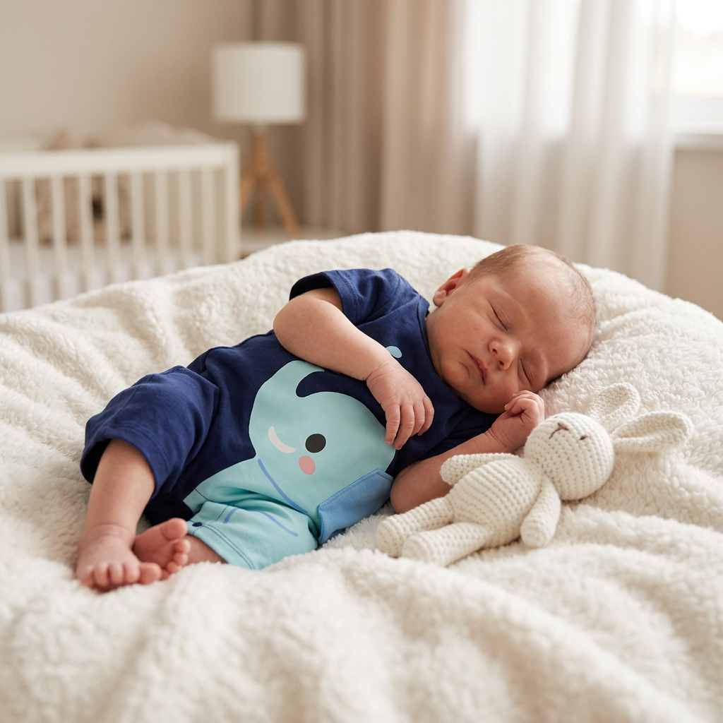 Very small newborn baby in a soft Mimou elephant romper resting on a white blanket — NICU premature baby clothing guide