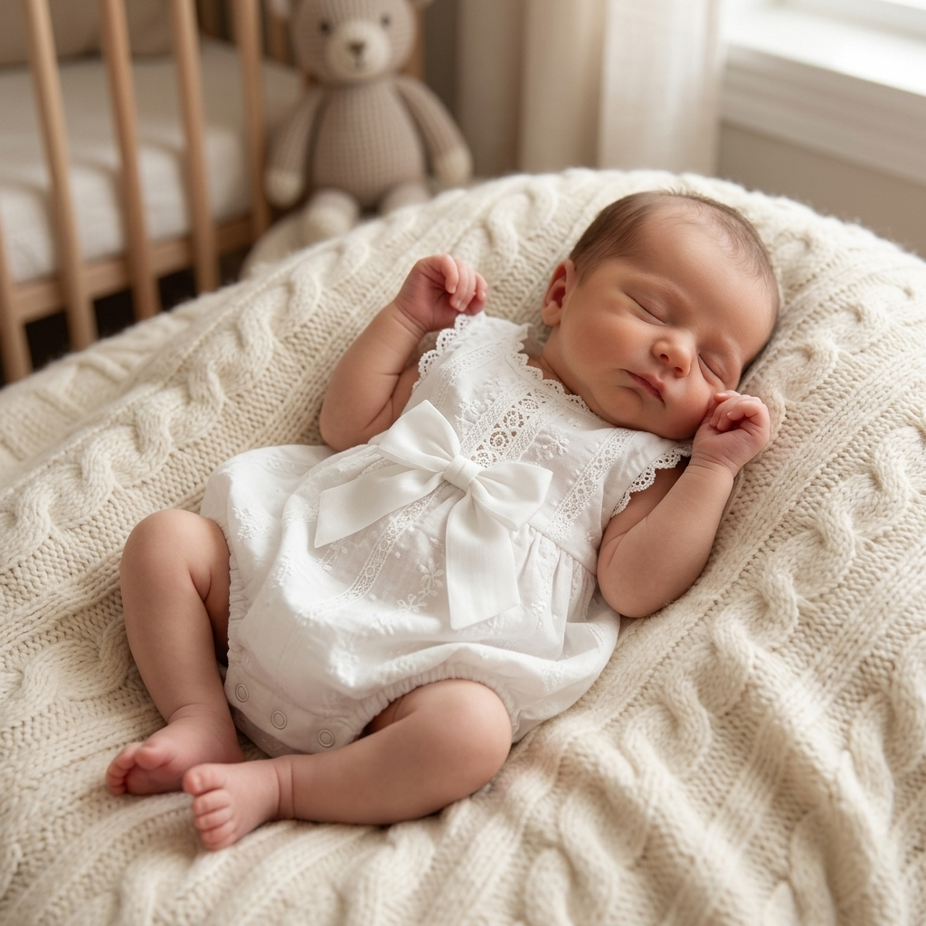 Very small newborn baby in a soft white Mimou cotton romper on a cream blanket — what size to buy if baby comes early