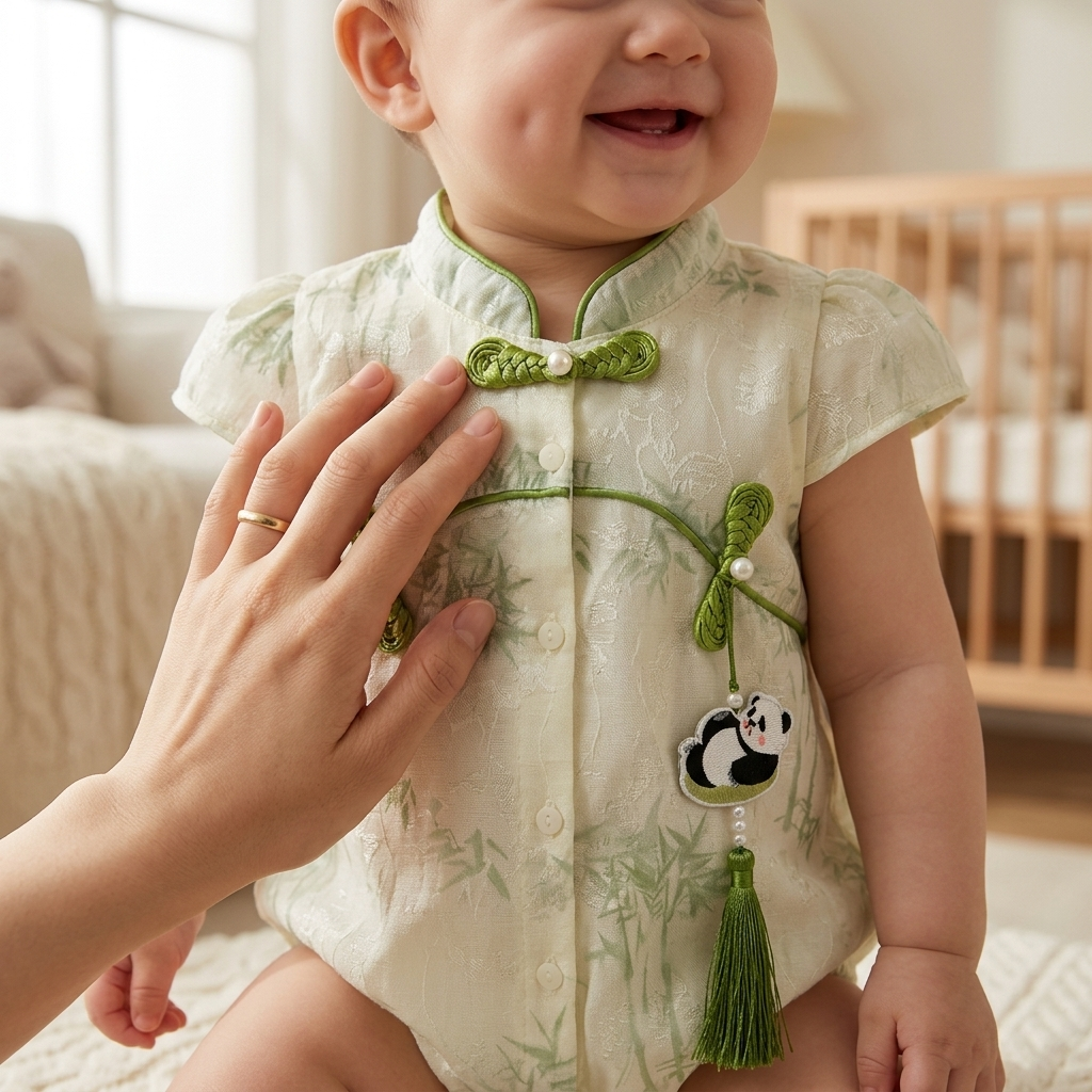 Parent feeling the soft natural fabric of a Mimou bamboo and panda baby romper — organic vs regular cotton for baby clothes